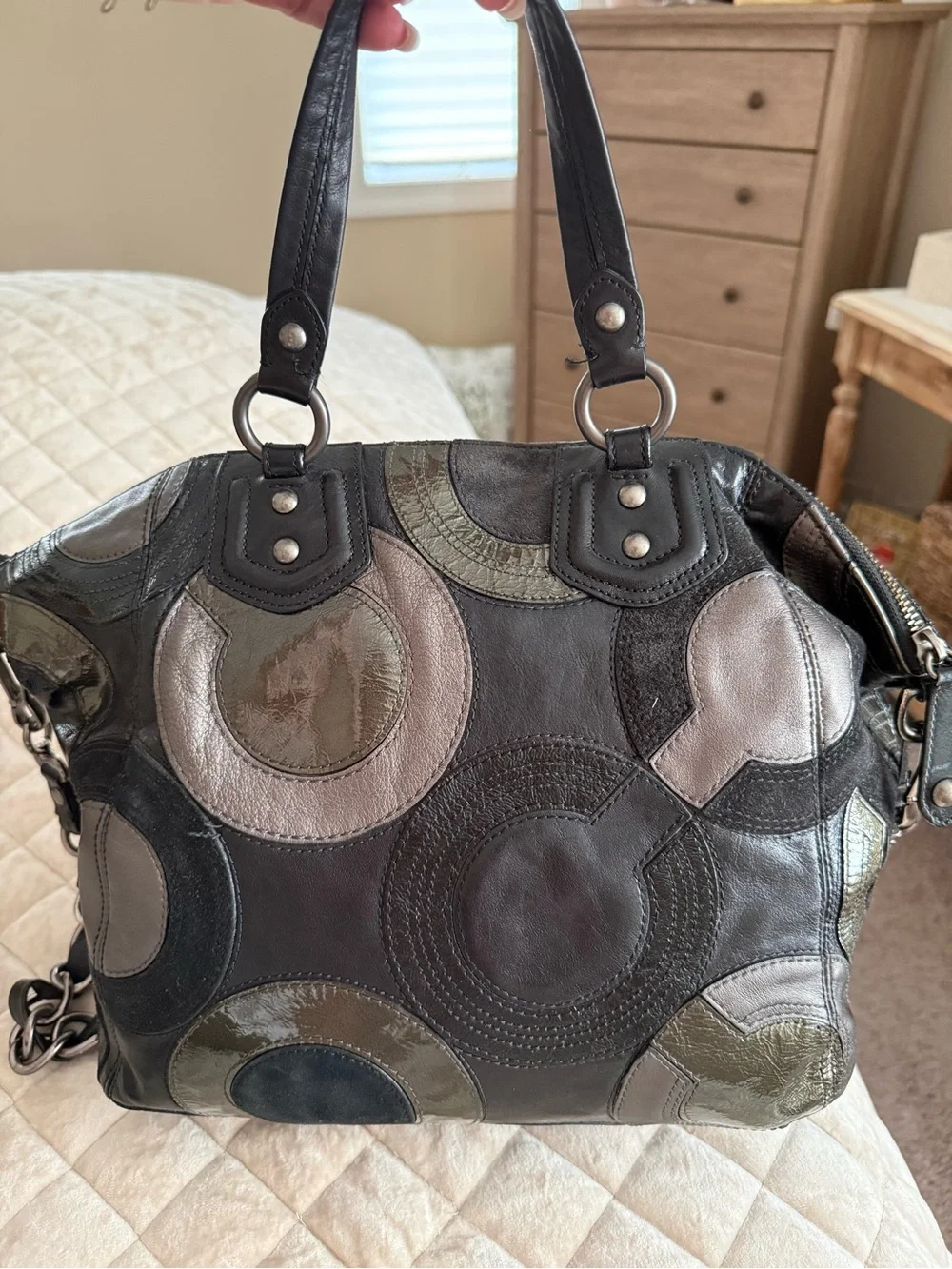 Coach Black Multi-Gray Circular Patchwork Leather Shoulder Bag